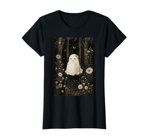 Damen Vintage Schwangere Geist schwingt im Blumenwald Halloween T-Shirt von Pregnant Mom Ghost Halloween Outfit