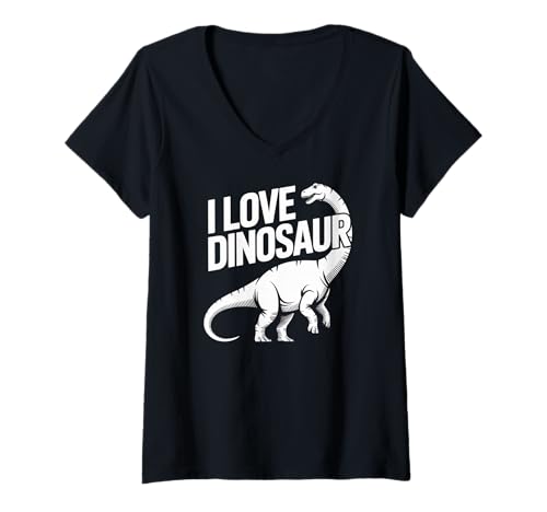 Damen I Love Dinosaurier Brachiosaurus Roar T-Shirt mit V-Ausschnitt Damen I Love Dinosaurier Brachiosaurus Roar T-Shirt mit V-Ausschnitt von Prehistoric Dino Enthusiasts Unite