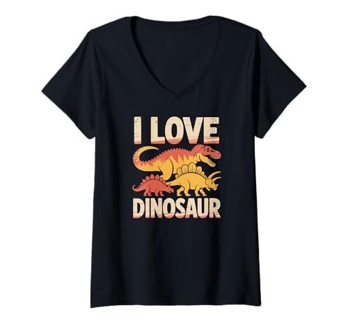 Damen I Love Dinosaurier Retro-Grafik T-Shirt mit V-Ausschnitt Damen I Love Dinosaurier Retro-Grafik T-Shirt mit V-Ausschnitt von Prehistoric Enthusiast Collection