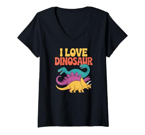 Damen Dinosaurier-Enthusiast I Love Dinosaurier Joyful T-Shirt mit V-Ausschnitt von Prehistoric Enthusiast Joy Fun Adventure