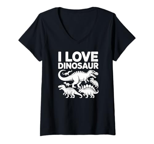Damen I Love Dinosaurier Fun Prähistorische Kreaturen T-Shirt mit V-Ausschnitt von Prehistoric Enthusiasts Dinosaur Fans