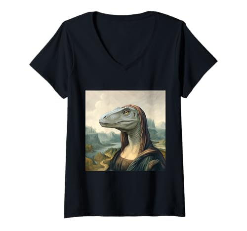 Damen Mona Lisa inspiriertes Dinosaurier-Porträt im Jurassic-Stil T-Shirt mit V-Ausschnitt von Prehistoric Portraits Co