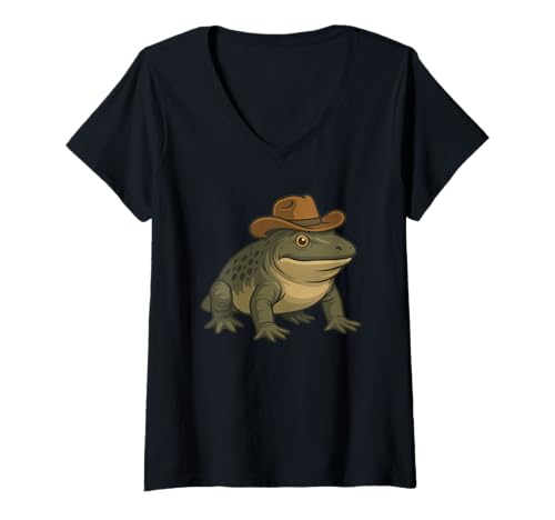 Damen Lustiger Frosch und Cowboy Texanischer Cartoon T-Shirt mit V-Ausschnitt von Prehistoric Texas Cartoon Amphibian Designs