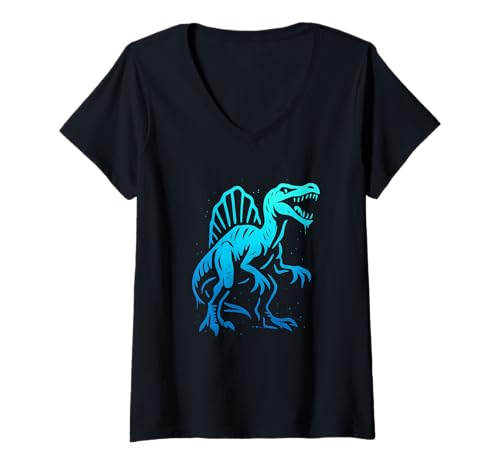 Damen Spinosaurus-Dinosaurier-Graffiti-Illustration T-Shirt mit V-Ausschnitt Damen Spinosaurus-Dinosaurier-Graffiti-Illustration T-Shirt mit V-Ausschnitt von Prehistoric Vibes