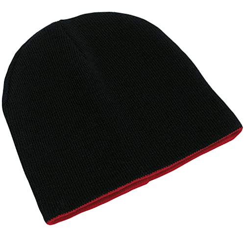 Preiswert&Gut Herren Strickmütze in Rot und Weiß mit Standardgröße Warme Wintermütze mit Ribmuster Mütze für den Winter als Wendemütze oder Ski Mützen für Damen von Preiswert&Gut