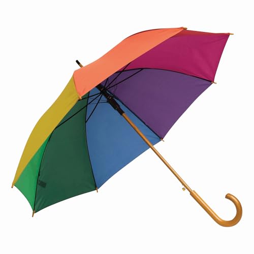 Preiswert&Gut Regenschirm Automatik Stockschirm Bunt Ø103cm – Regenbogen Schirm mit Holztips, Rundhakengriff und Metallspeichen – Robuste Stockregenschirm Polyester-Bespannung Regenschirme von Preiswert & Gut