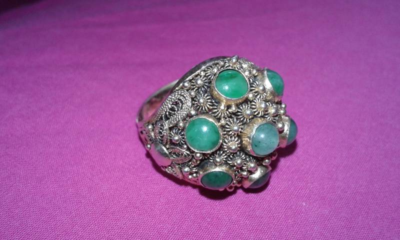 Massiver Sterling Silber Gold Vergoldet Unbehandelter Jadeit A Jade Und Aventurin Größenverstellbar Harems Ring Chinese Oriental Asian Jewelry von Prelovedbargains