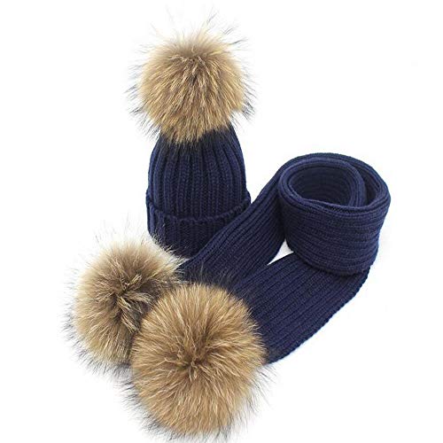 Premewish Mädchen Jungen Strick Mütze Beanie Wolle Schal Wollmütze Bommelmütze Winterschal Kombi Set Kinder mit Echtfell (Blau) von Premewis