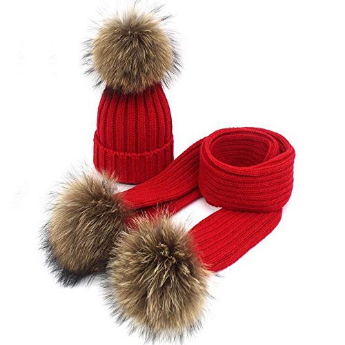 Premewish Mädchen Jungen Strick Mütze Beanie Wolle Schal Wollmütze Bommelmütze Winterschal Kombi Set Kinder mit Echtfell (Rot) von Premewis