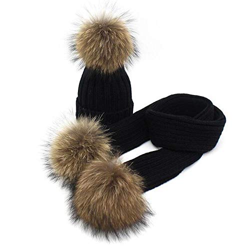 Premewish Mädchen Jungen Strick Mütze Beanie Wolle Schal Wollmütze Bommelmütze Winterschal Kombi Set Kinder mit Echtfell (Schwarz) von Premewis