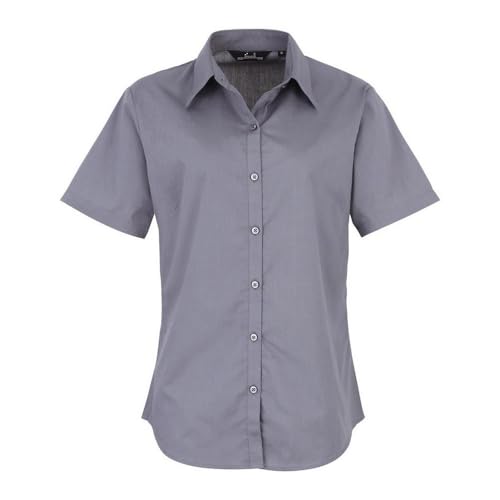 Premier Damen Popeline Kurzarm Bluse Damen Einfarbig Arbeitshemd, stahl, 36 von Premier