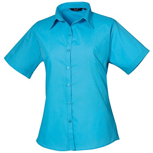 Premier Damen Popeline Kurzarm Bluse Damen Einfarbig Arbeitshemd, türkis, 44 von Premier