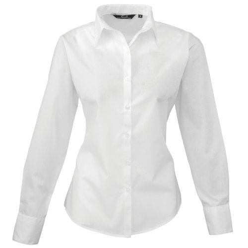 Premier Damen Popeline Langarm Bluse Damen Einfarbig Arbeitshemd Gr. 38, weiß von Premier