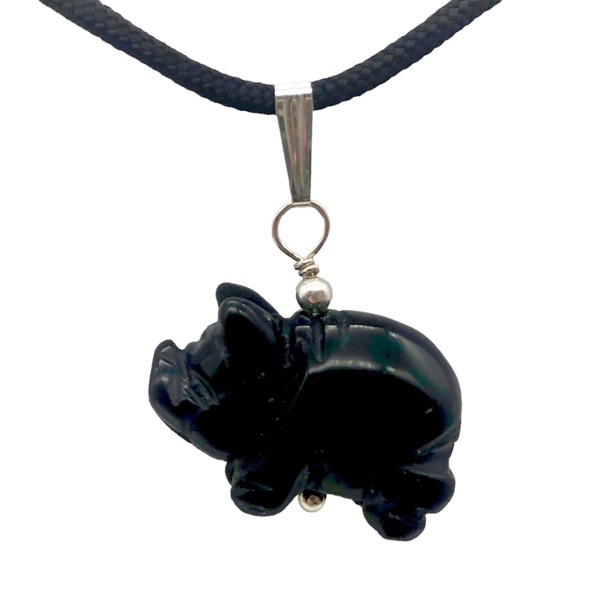 Schwarzer Obsidian Schwein Anhänger Halskette|Halbedelstein Schmuck|Silber Anhänger von PremiumBeadStudio