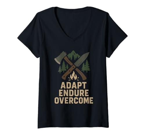 Damen Survivalist, Bushcraft, Fähigkeiten in der Wildnis, adaptieren, aushalten T-Shirt mit V-Ausschnitt Damen Survivalist, Bushcraft, Fähigkeiten in der Wildnis, adaptieren, aushalten T-Shirt mit V-Ausschnitt von Prepper Bushcrafting Life Firestarters Shelter