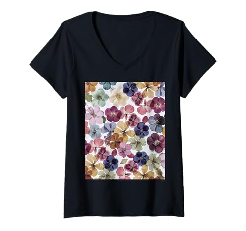 Damen Pastell gepresste Blumen Blumenmuster T-Shirt mit V-Ausschnitt Damen Pastell gepresste Blumen Blumenmuster T-Shirt mit V-Ausschnitt von Preppy Aesthetic Patterns