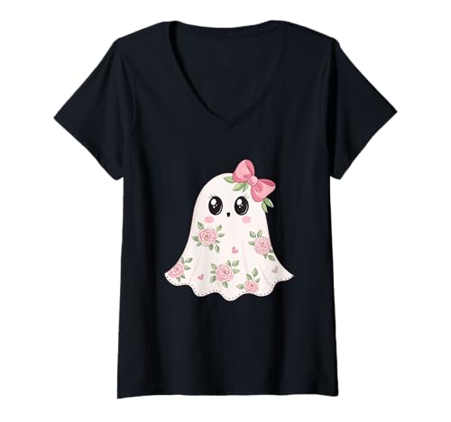 Damen Preppy Ghost Brustkrebs-Bewusstsein Niedliche Boho-Kokette T-Shirt mit V-Ausschnitt Damen Preppy Ghost Brustkrebs-Bewusstsein Niedliche Boho-Kokette T-Shirt mit V-Ausschnitt von Preppy Boho Coquette Halloween