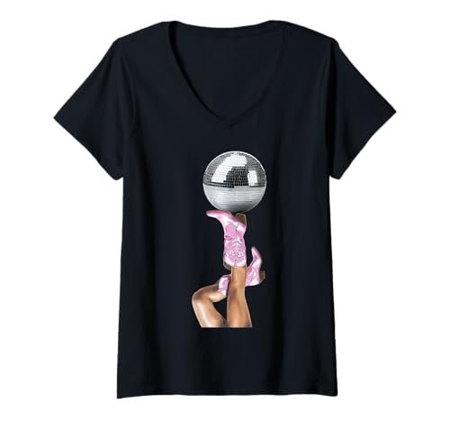 Damen Cowboystiefel und Spiegelball, Pinup-Streifen, Hot Pink T-Shirt mit V-Ausschnitt von Preppy Boho Patterns