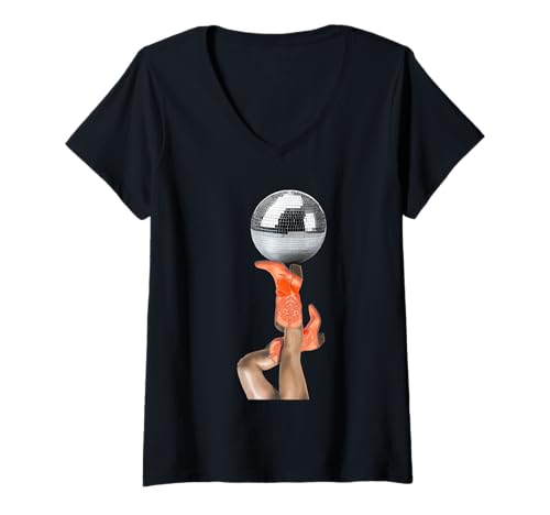 Damen Orange Cowboystiefel und Spiegelball Pinup Streifen T-Shirt mit V-Ausschnitt von Preppy Boho Patterns