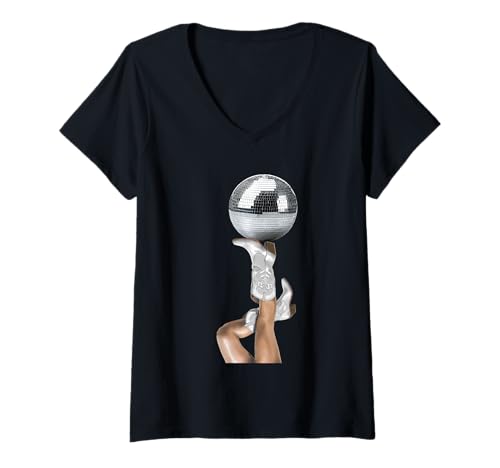 Damen Weiße Cowboystiefel und Spiegelball Pinup-Streifen T-Shirt mit V-Ausschnitt von Preppy Boho Patterns