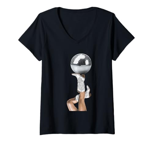 Damen Weiße Cowboystiefel und Spiegelball Pinup hellblaue Streifen T-Shirt mit V-Ausschnitt von Preppy Boho Patterns