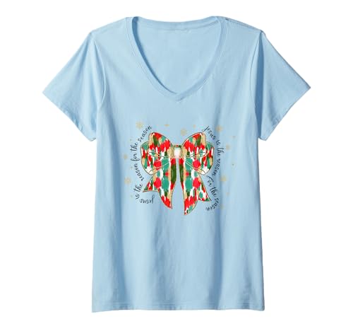 Damen Bunte Weihnachts-Kokettschleife für Herren und Damen T-Shirt mit V-Ausschnitt von Preppy Christmas Men Women Apparel Clothes Ideas