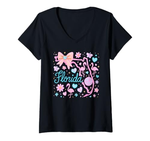 Damen Adrette Kokette Florida Flamingo Schleife Pastell Ästhetik T-Shirt mit V-Ausschnitt Damen Adrette Kokette Florida Flamingo Schleife Pastell Ästhetik T-Shirt mit V-Ausschnitt von Preppy Coquette Collective