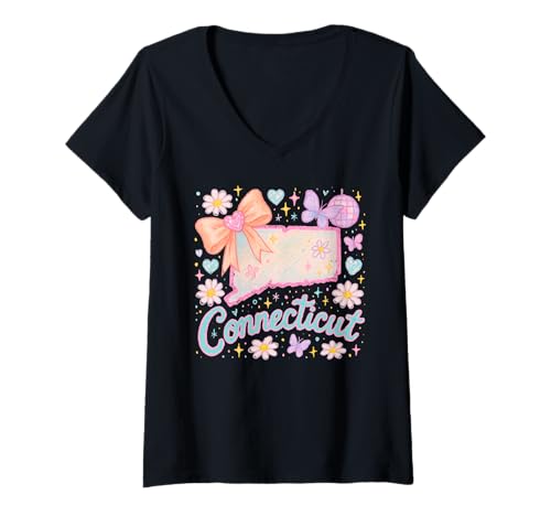 Damen Preppy Coquette Connecticut Pastell Schleife und Schmetterling Design T-Shirt mit V-Ausschnitt Damen Preppy Coquette Connecticut Pastell Schleife und Schmetterling Design T-Shirt mit V-Ausschnitt von Preppy Coquette Collective