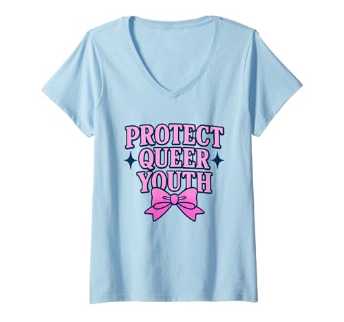 Damen Protect Queer Youth Mutiges Uni-Bogendesign T-Shirt mit V-Ausschnitt Damen Protect Queer Youth Mutiges Uni-Bogendesign T-Shirt mit V-Ausschnitt von Preppy Coquette Collective