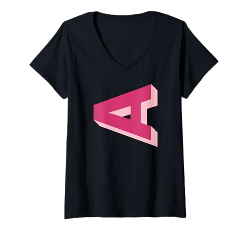 Damen Pink A Shadow Initiale T-Shirt mit V-Ausschnitt von Preppy Monogram