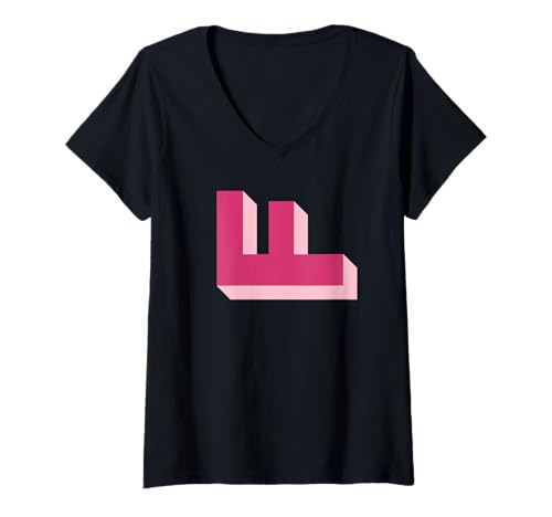 Damen Pink F Shadow Initiale T-Shirt mit V-Ausschnitt von Preppy Monogram