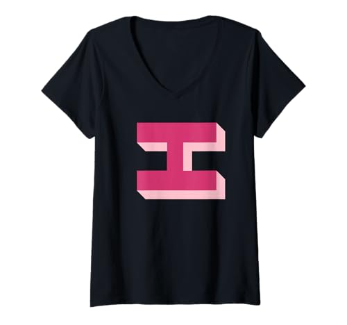 Damen Pink H Shadow Initiale T-Shirt mit V-Ausschnitt von Preppy Monogram