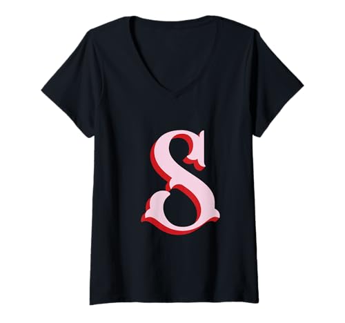 Damen Pink S Initiale auf Rot T-Shirt mit V-Ausschnitt von Preppy Monogram
