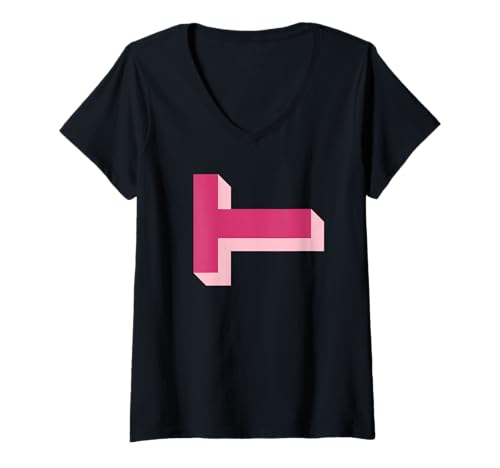 Damen Pink T Shadow Initiale T-Shirt mit V-Ausschnitt von Preppy Monogram