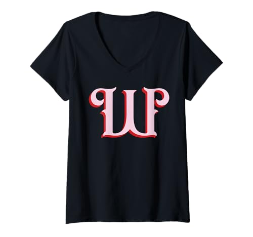 Damen Pink W Initiale auf Rot T-Shirt mit V-Ausschnitt von Preppy Monogram