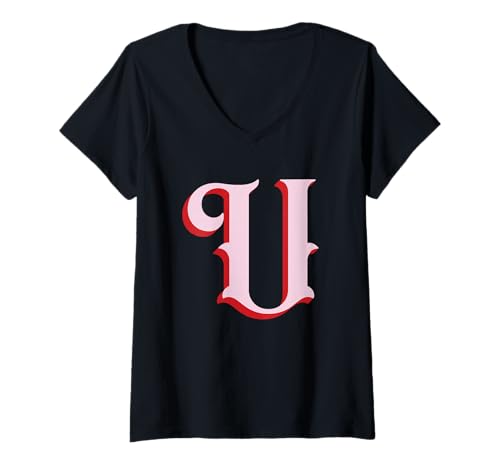 Damen Pinke U-Initiale auf Rot T-Shirt mit V-Ausschnitt von Preppy Monogram