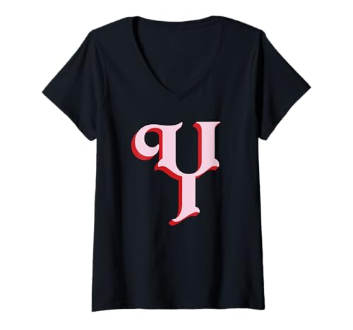 Damen Pinke Y-Initiale auf Rot T-Shirt mit V-Ausschnitt von Preppy Monogram