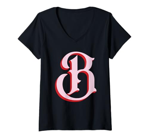 Damen Rosa B-Initiale auf Rot T-Shirt mit V-Ausschnitt von Preppy Monogram