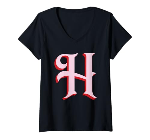 Damen Rosa H-Initiale auf Rot T-Shirt mit V-Ausschnitt von Preppy Monogram