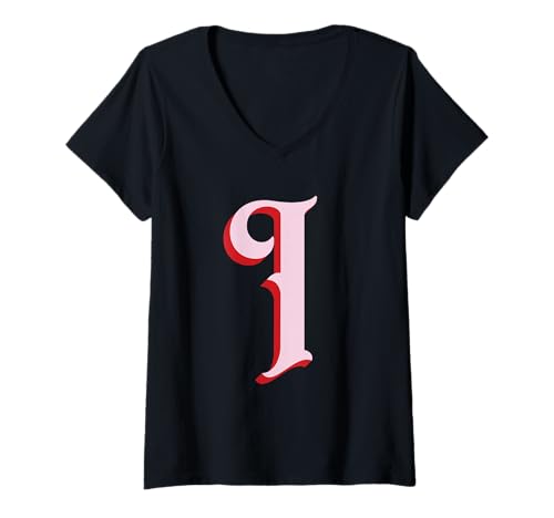 Damen Rosa I Initiale auf Rot T-Shirt mit V-Ausschnitt von Preppy Monogram