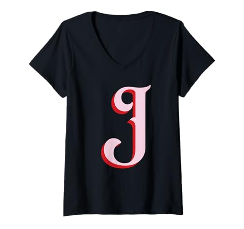 Damen Rosa J Initiale auf Rot T-Shirt mit V-Ausschnitt von Preppy Monogram