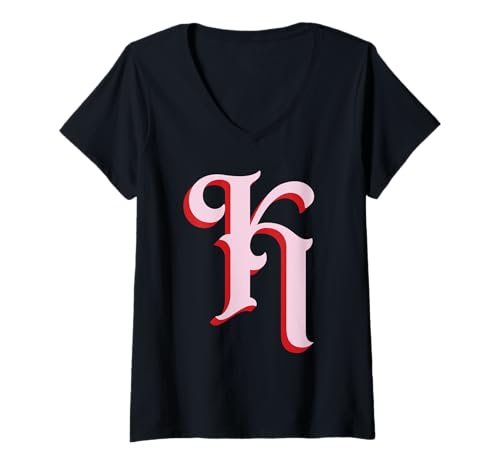 Damen Rosa K-Initiale auf Rot T-Shirt mit V-Ausschnitt von Preppy Monogram