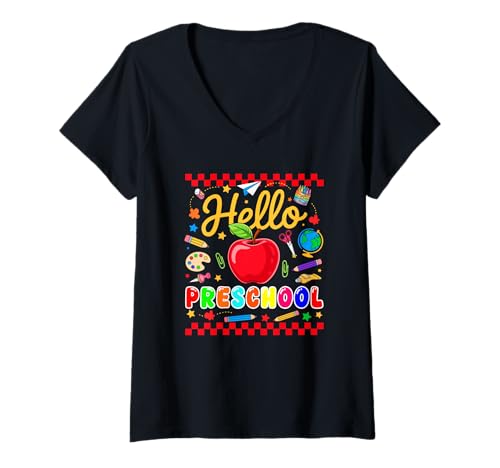 Damen Hallo, Vorschule, erster Schultag, bunte, lustige Schüler T-Shirt mit V-Ausschnitt von Preschool Back To School Costume