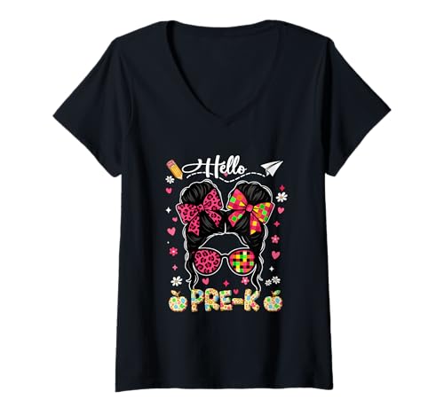 Damen Hello Pre-K Kid Girl Messy Bun Hair Leopard Sunglasses T-Shirt mit V-Ausschnitt von Preschool Back To School Costume