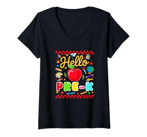 Damen Hello Pre-K Schulanfang, bunt, lustig, Schüler T-Shirt mit V-Ausschnitt von Preschool Back To School Costume