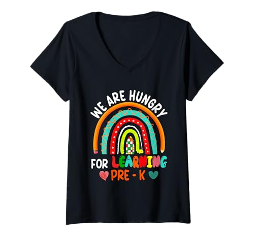 Damen Hungry For Learning Pre - K Back To School Rainbow Student T-Shirt mit V-Ausschnitt von Preschool Back To School Costume