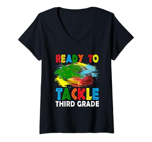 Damen Ready To Tackle Third Grade Football Player Back To School T-Shirt mit V-Ausschnitt von Preschool Back To School Costume