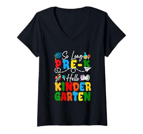 Damen So Long Pre-K Hello Kindergarten Einschulung Floral T-Shirt mit V-Ausschnitt von Preschool Back To School Costume