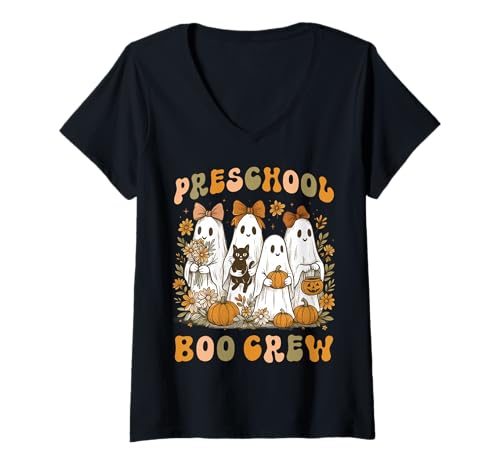 Damen Boo Crew Vorschullehrer Halloween Geist Kostüm Kinder Damen T-Shirt mit V-Ausschnitt von Preschool Boo Crew Girly Coquette Bow Floral Ghost
