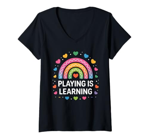 Damen Lustiger Spruch Spielen ist Lernen Regenbogen Herz Frauen Männer T-Shirt mit V-Ausschnitt von Preschool Classroom Humor for Moms Teacher Kids